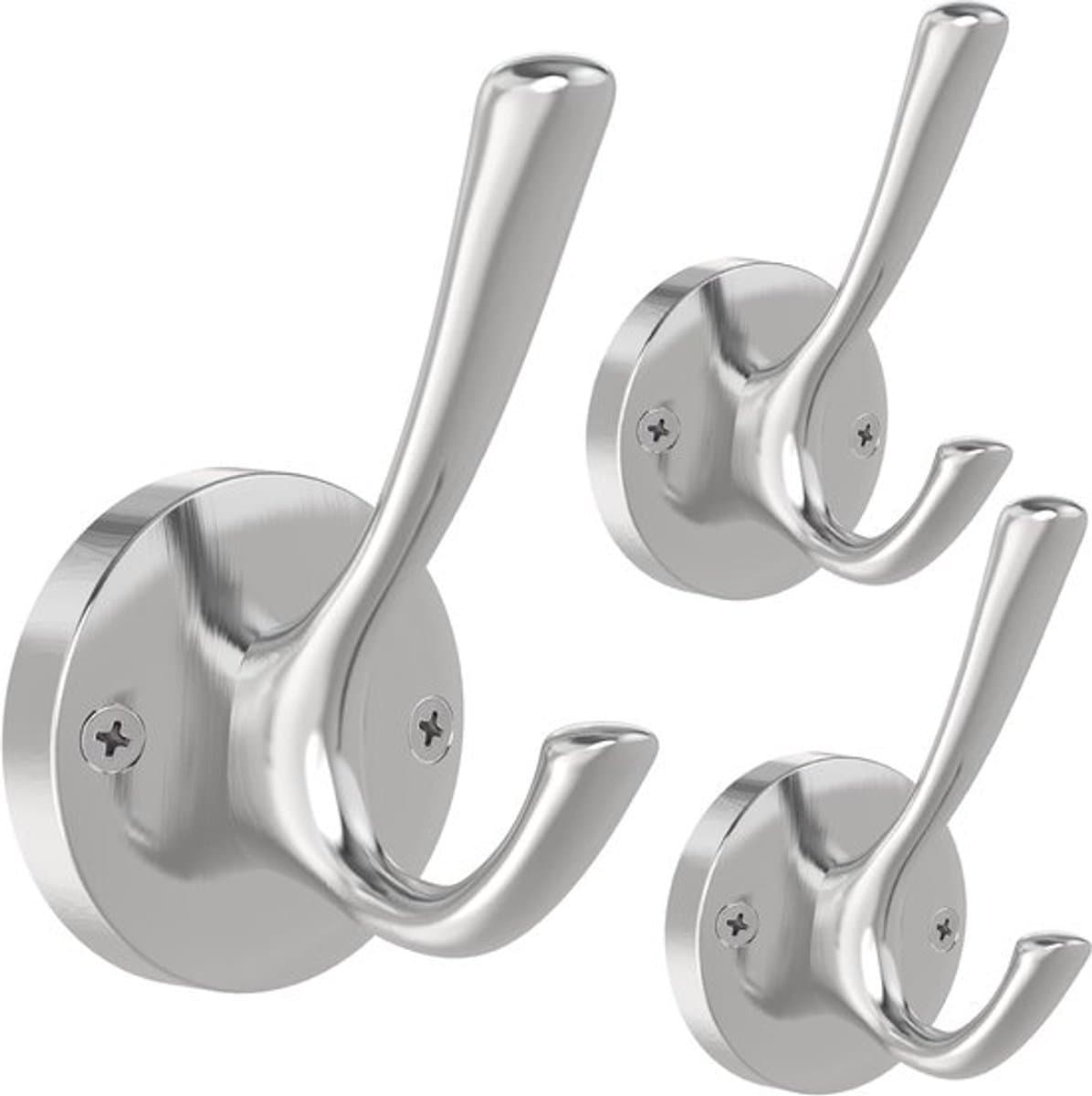 Badjashaak van geborsteld nikkel, handdoekhaak, 3-pack kledinghaken, zware haken voor de bijkeuken, dubbele badjashaken, wandmontage, hoedenhaken voor hal, badkamer, keukenkast — afbeelding 1