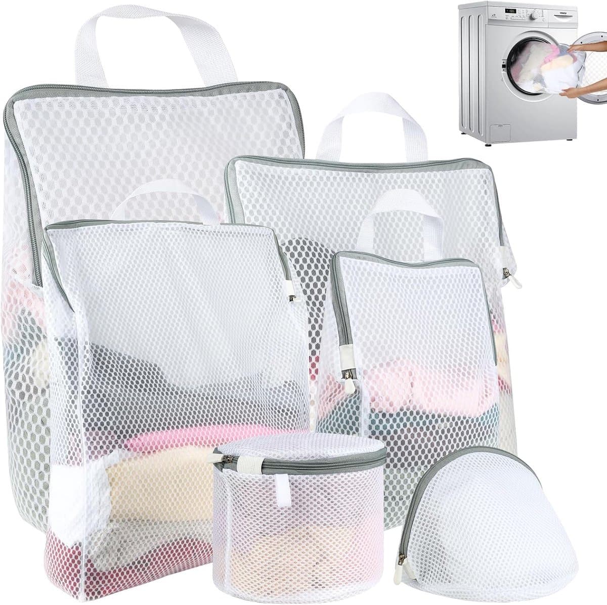 SnelShoppen - Pack van 6 Wasnetten voor Wasmachine, 5 Maten Waszakken met Rits en Handvatten, Herbruikbare Waszak voor Shirts, Jassen, Ondergoed, Baby — afbeelding 1