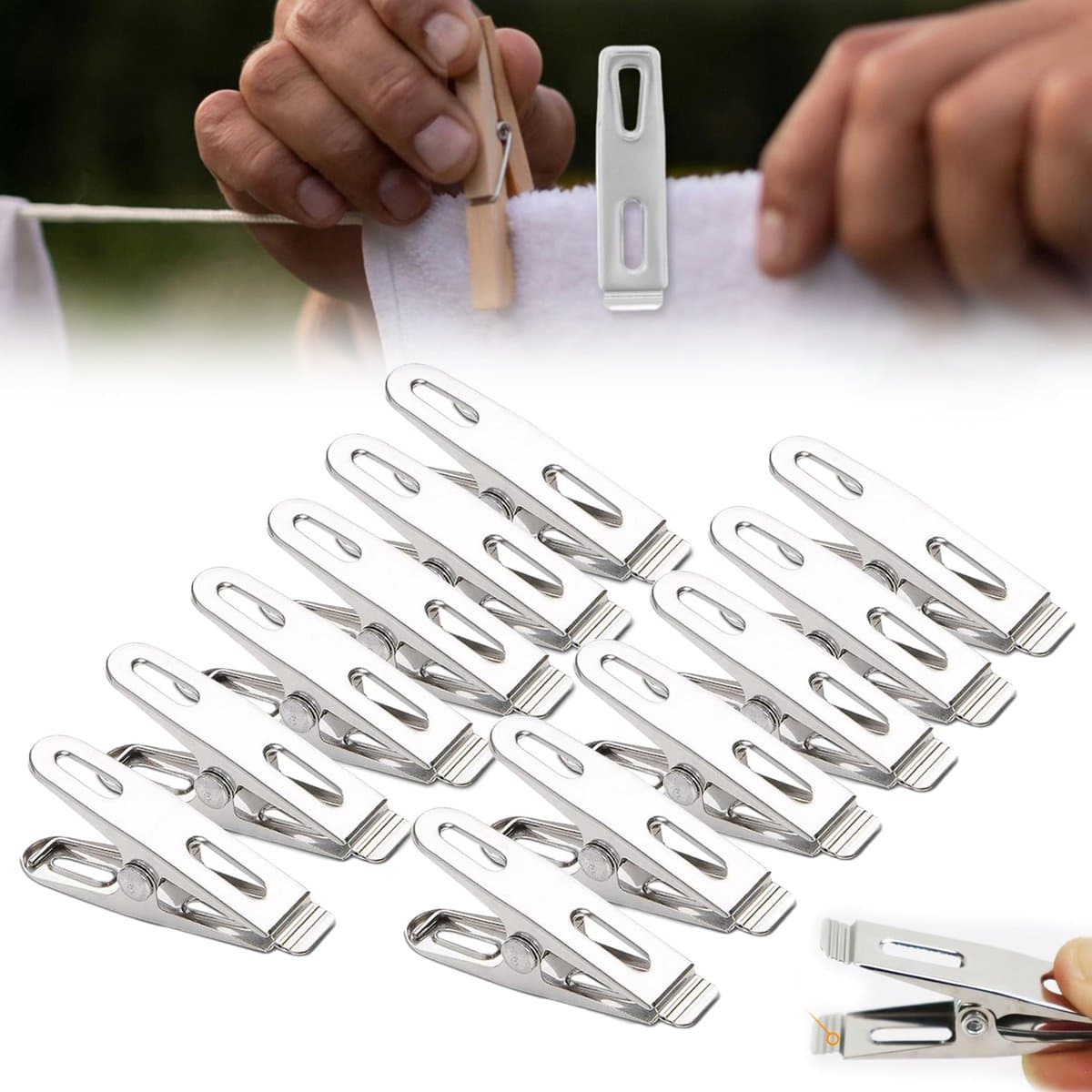 Wasknijpers – Wasknijpers – 100 stuks – Stevig en duurzaam – geschikt voor het ophangen van kleding en dekens – Windbestendig – Roestvrij staal – 1,0 mm platte clip zonder spijker — afbeelding 1