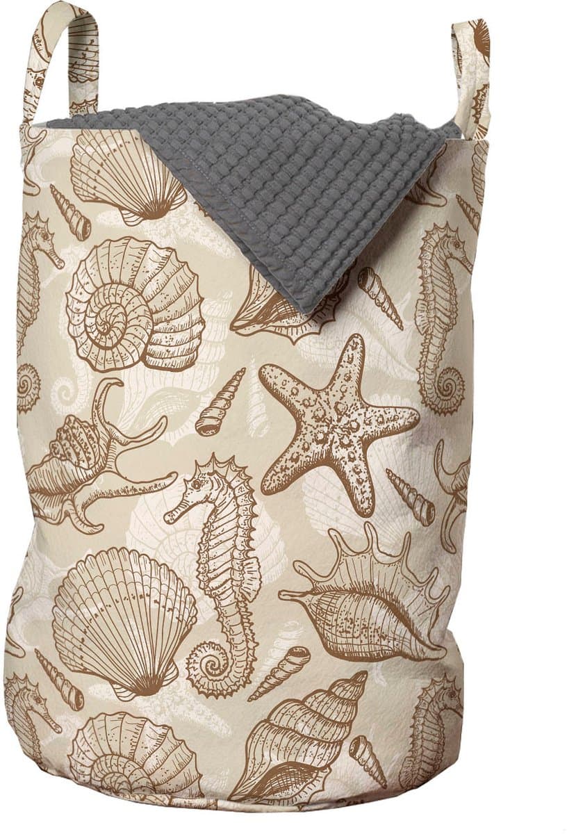 ABAKUHAUS Sea Shells waszak, vintage oceaanontwerp, wasmand met handvaten, trekkoordje voor wasserettes, beige bruin — afbeelding 1
