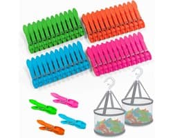 Wasknijpers met Mandje - Kledingknijpers Opbergzak - Kleding Drogen - Windbestendig Antislip - 48 stuks - Multicolor