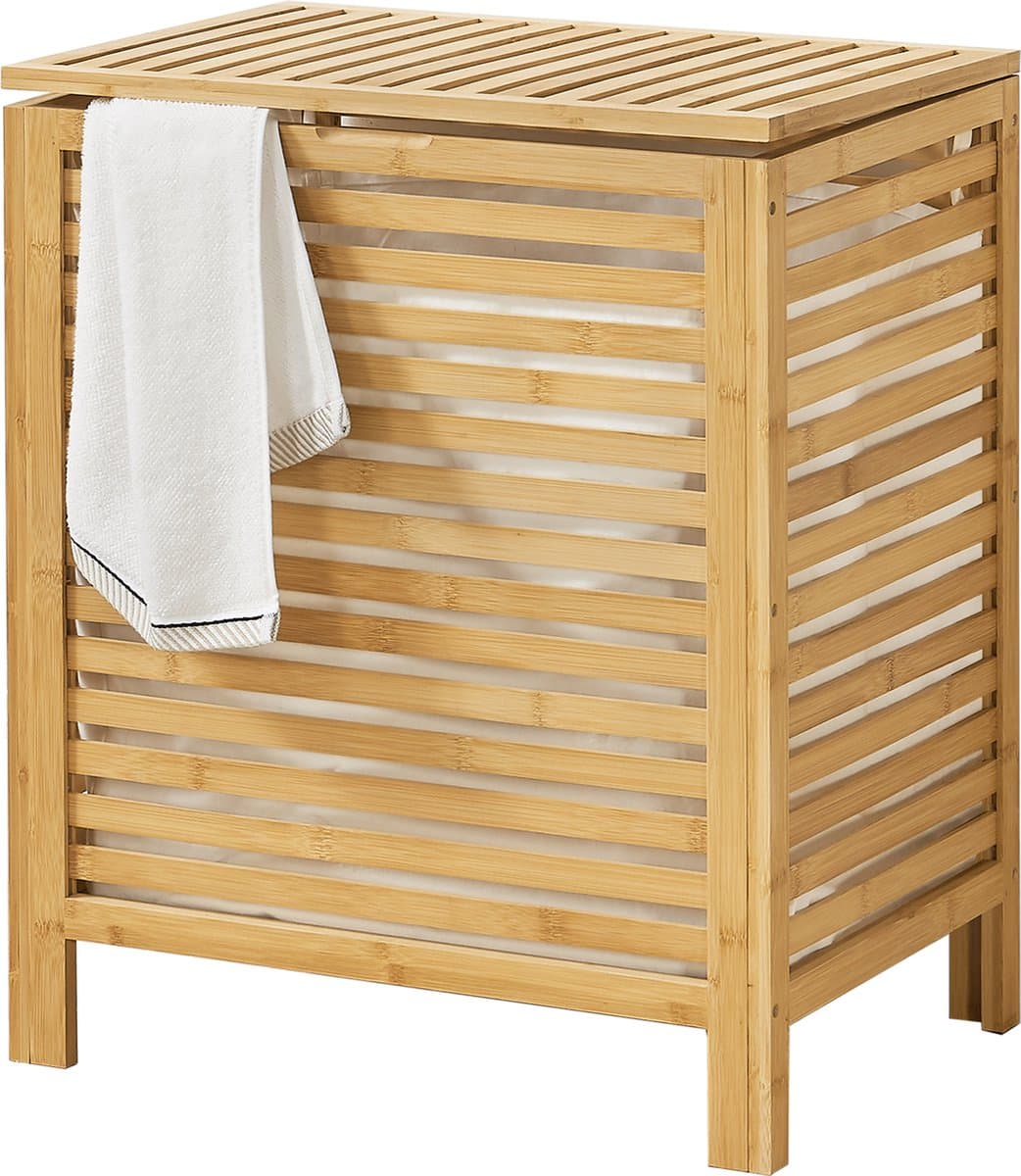 Wasmand bamboe met waszak en deksel 65 l — afbeelding 1