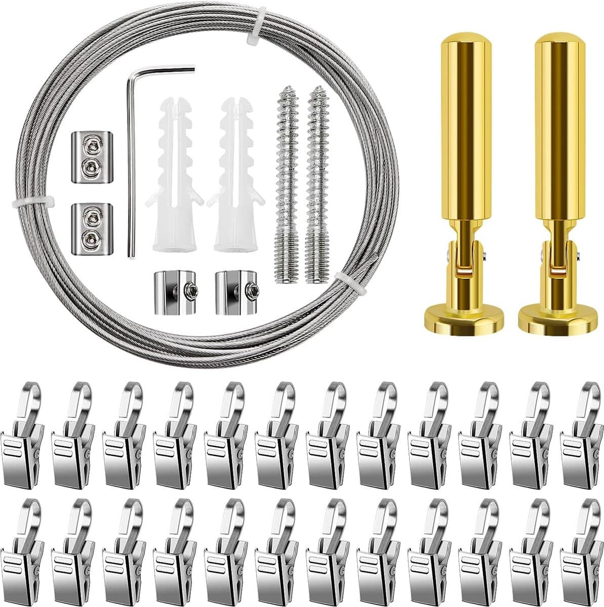 Goodivery ® Flexibele Ophangset van 5 Meter met 24 Metalen Clips en Haken voor Gordijnen en Decoraties — afbeelding 1