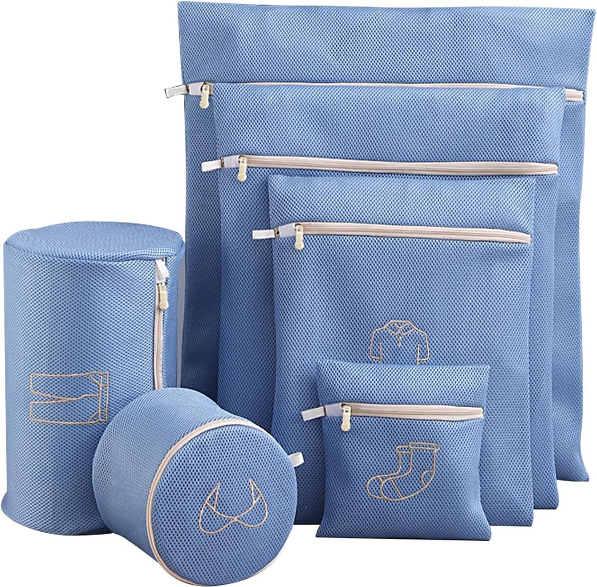 Goodivery ® 6 stuks wasnet voor wasmachine, waszakken van netstof, herbruikbare waszak met ritssluiting voor beha's, kleding, sokken en babykleding, blauw — afbeelding 1
