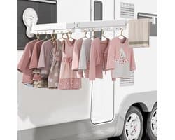 Intrekbaar droogrek voor wandkleding met zuignap - aluminium kledingrek met 10/15 haken en verlengstang - wit - voor balkon, wasruimte, badkamer