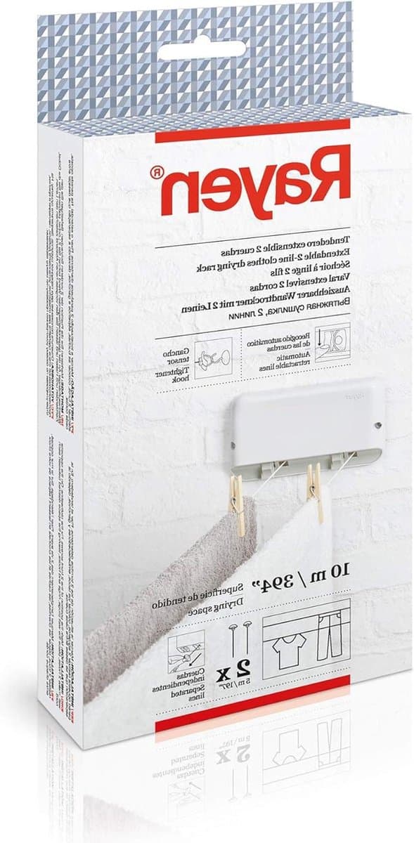 Extendable Wall-Mounted Drying Rack 2 Ropes Automatic Withdrawal System - Including Studs, Screws, and Hooks - Extendable up to 15m — afbeelding 1