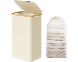 SONGMICS LCB509W01 - Wasmand met Deksel - Verwijderbare Waszak - Opvouwbaar met Bamboe Handvatten