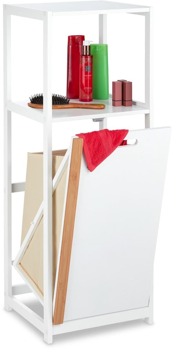 badkamerrek met wasmand - 98 x 36 x 30 cm - 2 open vakken - uitneembare waszak - MDF - bamboe — afbeelding 1
