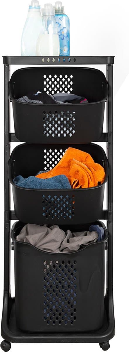 3-in-1 wasmand – Inhoud Grote Mand 38 L - Inhoud Kleine Mand 22 L – Wasbox organizer – Wassorteerder met 3 vakken – Kunststof – Zwart — afbeelding 1
