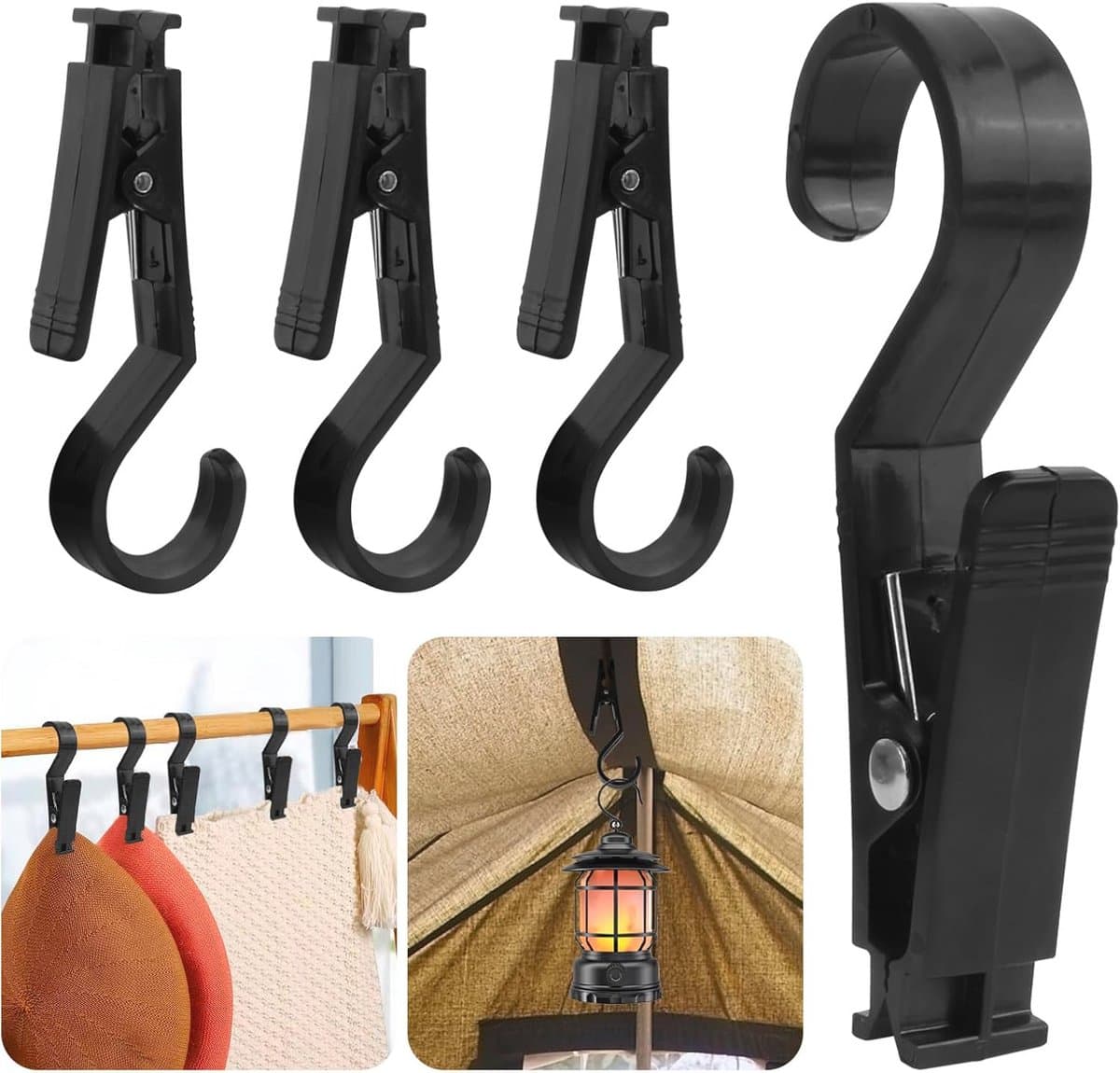 Multifunctionele Camping Klemhaken - 4 Stuks Zwart voor Wasgoed en Lichten — afbeelding 1