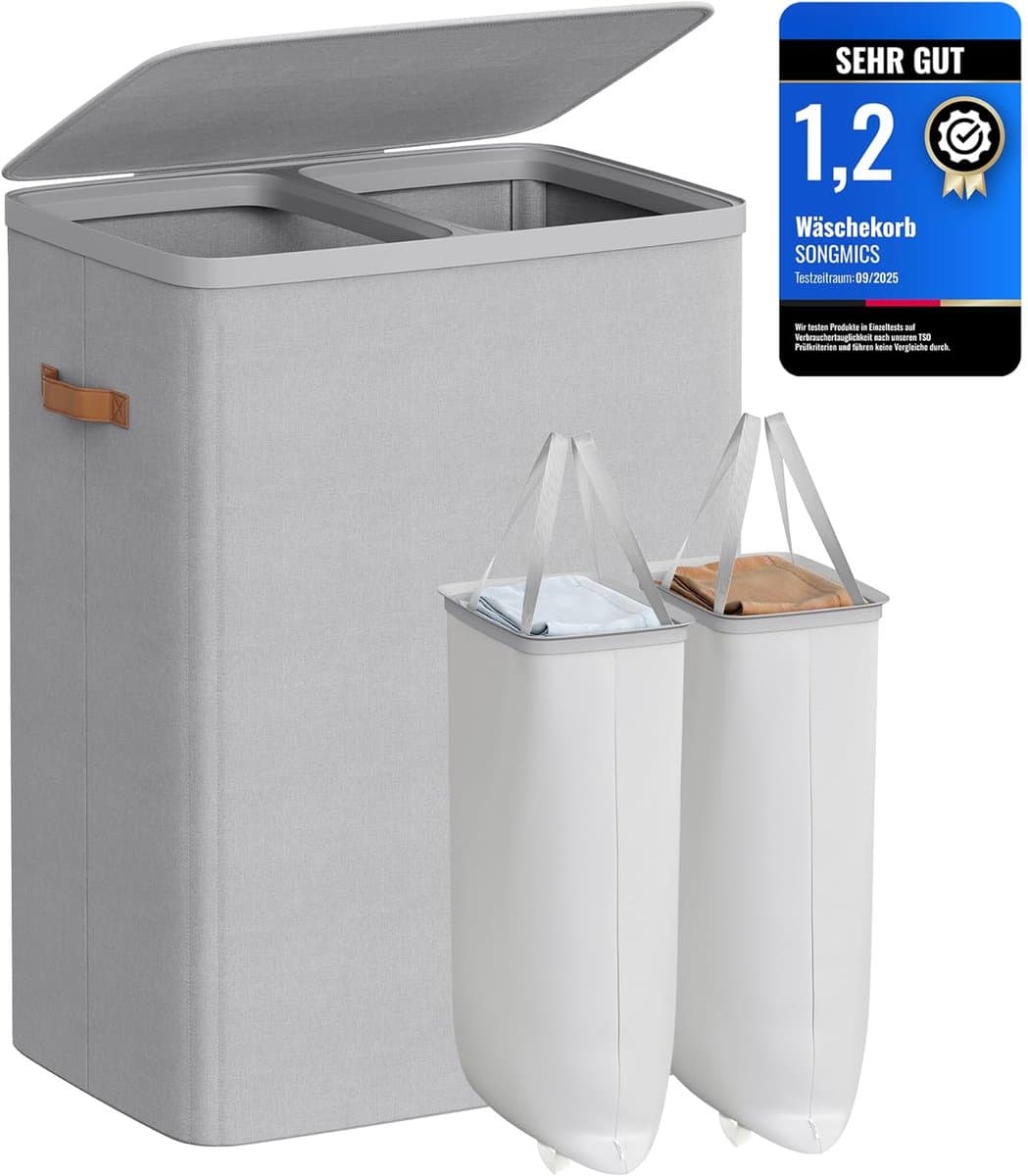 Furnstar Wasmand 170 l - Wasverzamelaar - 2 vakken - Wassorteerder - Lichte constructie met deksel en handgrepen - Uitneembare waszak 56 x 40 x 75 cm – Duifgrijs — afbeelding 1