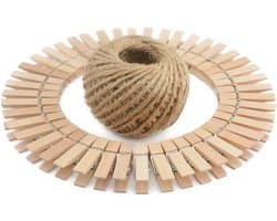 100 Houten Wasknijpers 3,5 cm met 30m Jute Touw - Natuurlijke Decoratie voor Fotolijnen en Interieur
