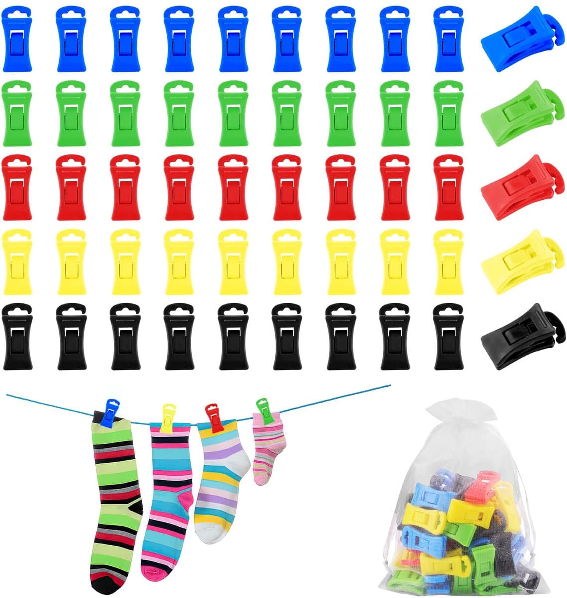 IMPERATORIS® Wasknijpers Kunststof - Waslijnklemmen - Extra Sterk - Soft Grip - Laat Geen Afdruk Achter - Weerbestendig - Set van 100 - blauw, groen, rood, geel, zwart — afbeelding 1