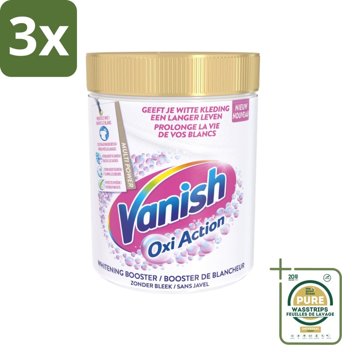 3 x Vanish Oxi Action - Vlekkenverwijderaar - Wasbooster - Zonder Bleek - Witte Was - 1 Kg - Grootverpakking - Wit Maken - Vlekken Verwijderen - Wasbooster - Bleekvrij - Geur Neutraliseren — afbeelding 1