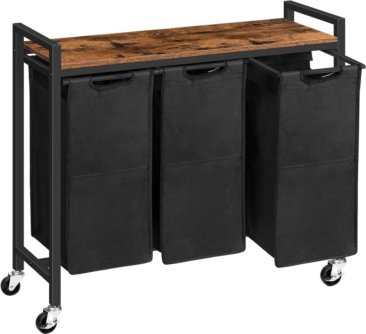 Wasmand 3 vakken, wasverzamelaar met plank, wasbox, waswagen met wieltjes, 3 x 39,8 l, waszak van Oxford-weefsel, vintage bruin-zwart — afbeelding 1