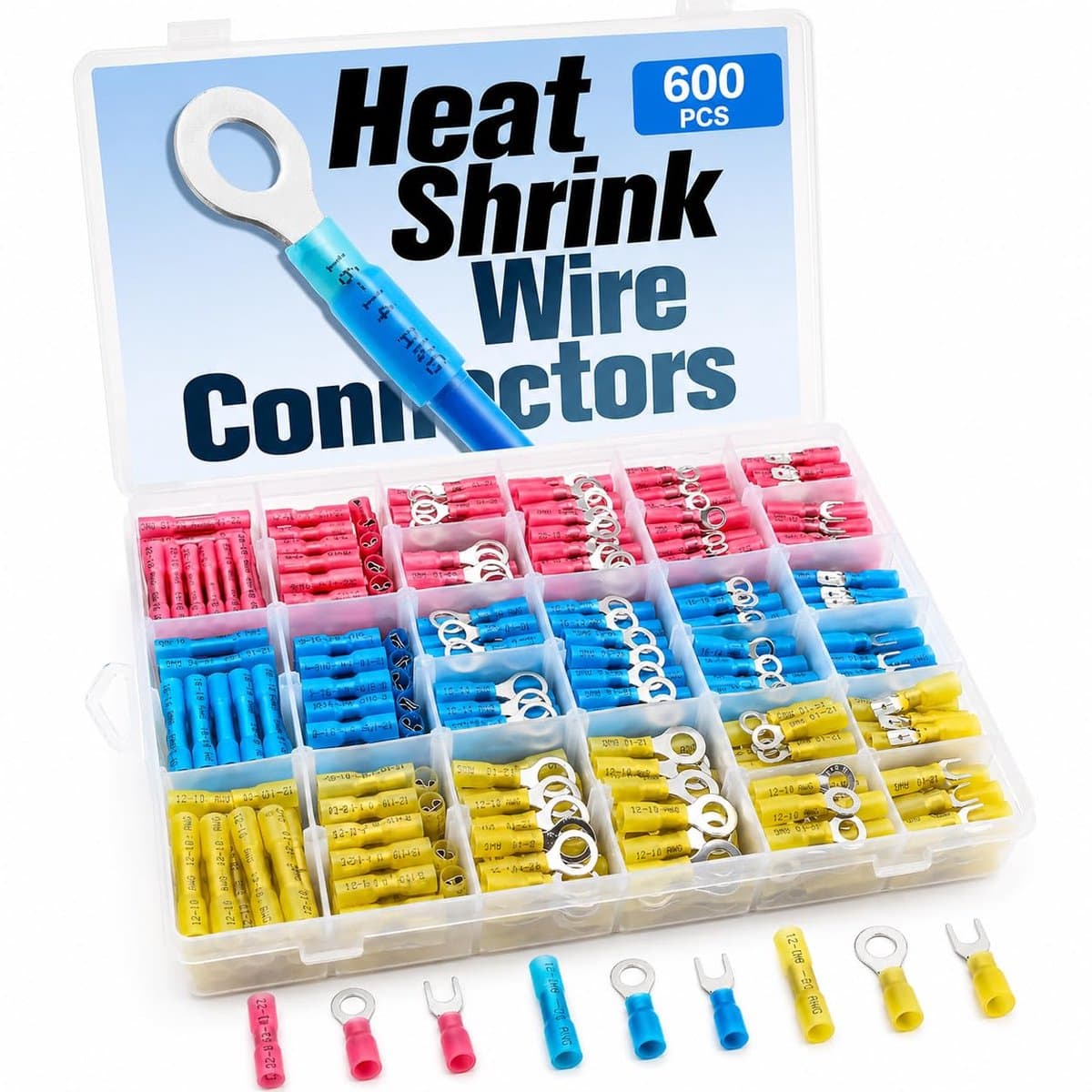 600 stuks krimpconnectoren, assortiment krimpkabelschoenen, splitshulzen en geïsoleerde klemmen, kabelbevestigingsset voor knutselen, marine en auto — afbeelding 1