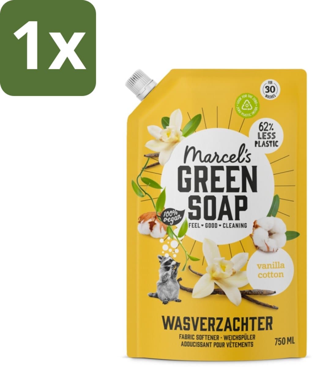 1 x Marcel's Green Soap - Wasverzachter - Navulling - Katoen & Vanille - Zachte frisheid- 30 Wasbeurten - 750 ml - Wasverzachter - Wasverzachter Navulling - Wasverzachter Katoen - Wasverzachter Vanille - Wasverzachter Milieuvriendelijk — afbeelding 1