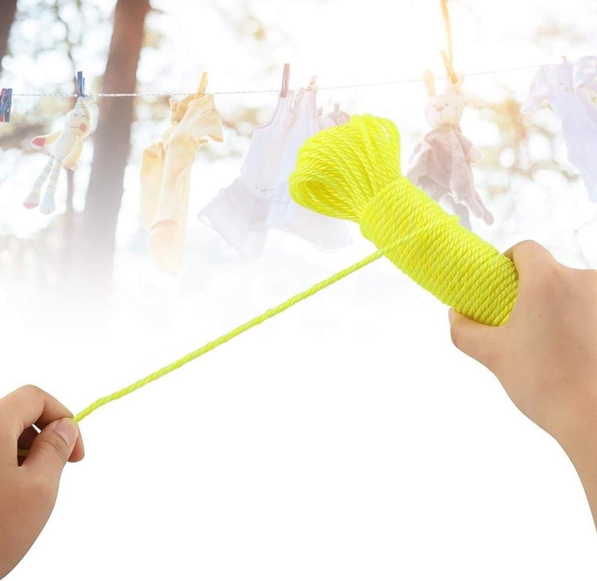 Nylon Touw Waslijn - Buitenlijn Kamperen - Kleding Drogen - Snijdbaar Lengte - 20 Meter - Fluorescerend Geel — afbeelding 1