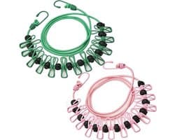 Set van 2 draagbare reiswaslijnen, uitschuifbare reiswaslijnen met 12 wasknijpers, geschikt voor thuis, op reis en voor het drogen van kleding buitenshuis (roze + groen).