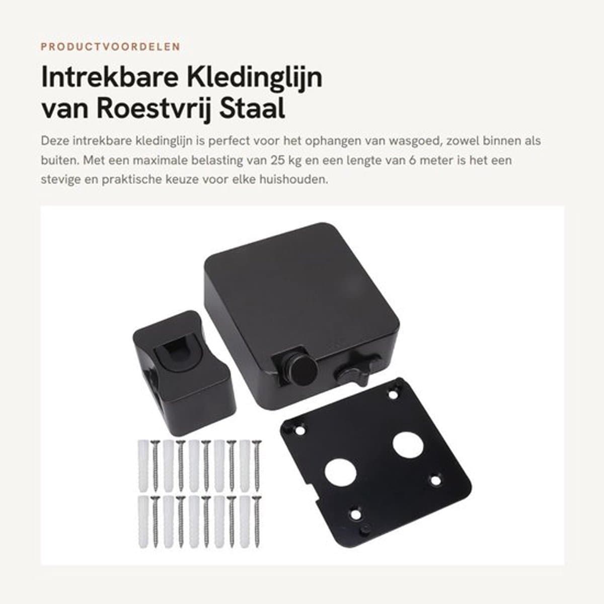 Kledinglijn Intrekbaar - Roestvrij Staal - 6m Lengte - 25kg Belasting - Eenvoudige Installatie - Geschikt voor Binnen/Buiten - Waslijn — afbeelding 1