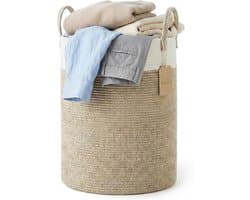 Wasmand van touw, inhoud 58 liter, 38 x 38 x 50 cm, tweekleurig design, bruin en wit, grote opbergmand met handgrepen