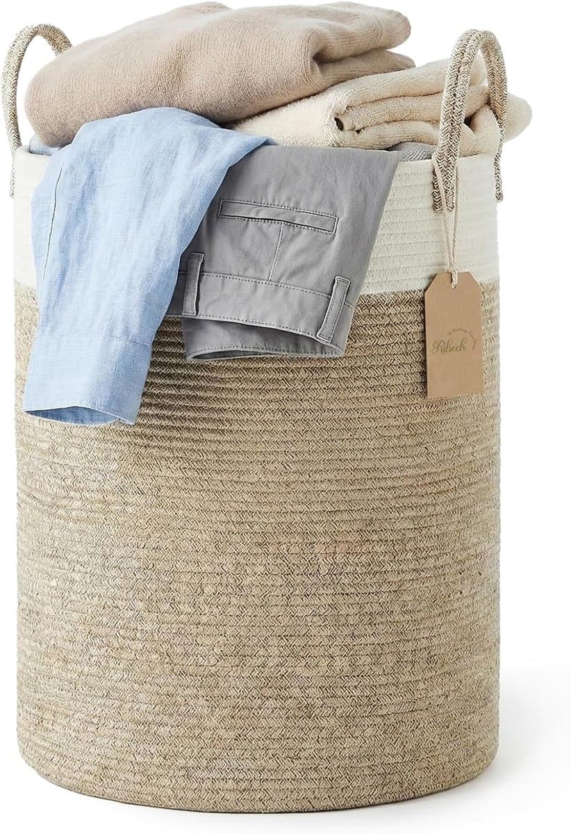 Wasmand van touw, inhoud 58 liter, 38 x 38 x 50 cm, tweekleurig design, bruin en wit, grote opbergmand met handgrepen — afbeelding 1