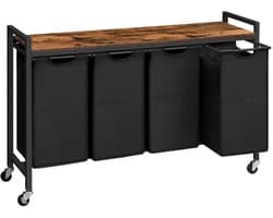 Home & Beyond® Wassorteerder met 4 Vakken en Bovenblad - Wasmand op Wielen met Uitneembare Waszakken - Zwart en Vintage Houtlook - 110,5 x 33 x 74,5 cm