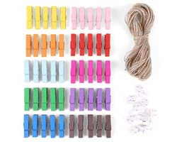 Byshayne- Wasknijpers 50 Stuks - Houten Wasknijpers - Kleine Wasknijpers - Mini Wasknijpers - Fotoclips - Jute Koord 10m - Fotoknijpers
