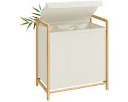 Wasmand – Bamboe frame – 2 compartimenten – Afneembaar deksel – 100 L – Crèmewit – 65 x 40 x 78 cm