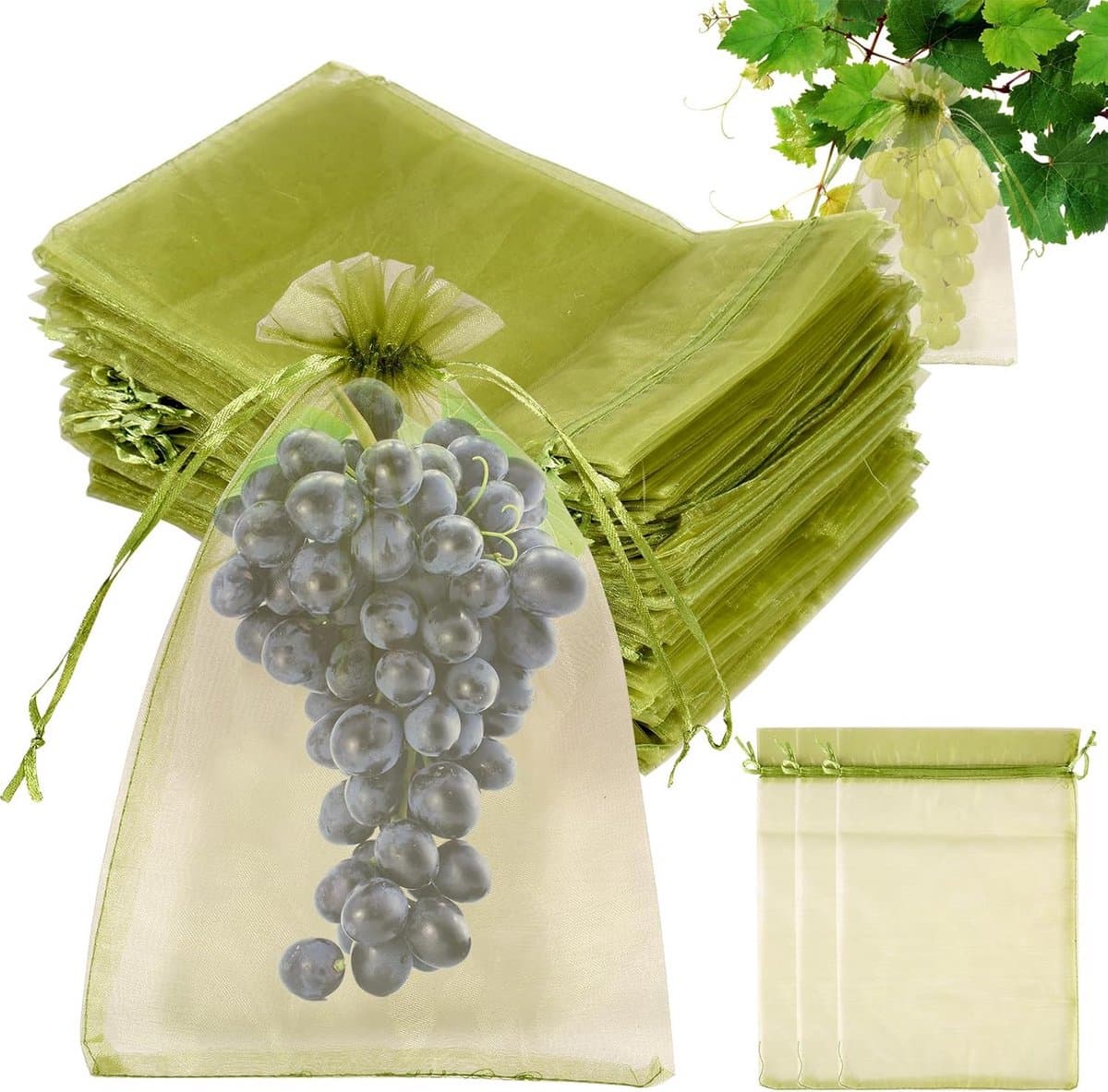 Fruitnetzakken met trekkoord - 23x17 cm - 200 stuks - Herbruikbare beschermzakken voor druiven, mango's, appels, granaatappels, perziken en ander fruit - Organza netten voor natuurlijke fruitteelt — afbeelding 1