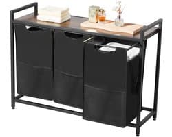 Wasmand van 3 Secties, met Metalen Frame en Houten Top, Grote Vrijstaande Mand met Uittrekbare 600D Oxford-Stoffenzakken voor Het Sorteren van Kleding, Ideaal voor Badkamer Of Wasruimte — afbeelding 1