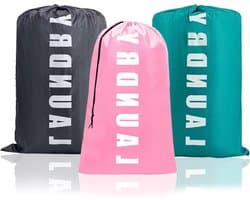 Allecto Plus - Set van 3 grote waszakken voor thuis en op reis - Opvouwbare opbergtas met trekkoordsluiting - Vuile kledingzakken - Roze, blauw en grijs - Ideaal voor vakantie en kamperen