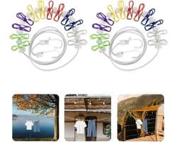 Portable Clothesline 2 Pack with 12 Pcs Colorful Clips - Adjustable Travel Clothesline for Camping - Elastic Retractable Line for Indoor and Outdoor (Colorful)