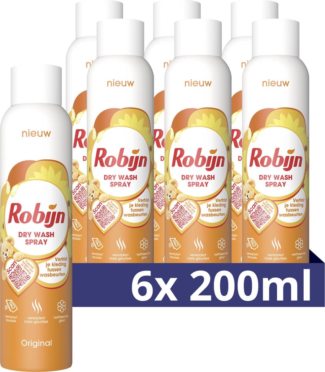 Robijn -Dry Wash Spray - Textiel Verfrisser - 6 flessen x 200 ml - Voordeelverpakking — afbeelding 1