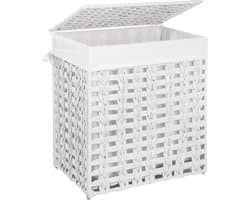 SONGMICS Handgeweven wasmand met deksel, wasmand in rotanstijl met uitneembare voeringzak, metalen frame, opbergmand, 45,5 x 32 x 51,5 cm, voor wasruimte, slaapkamer, badkamer, wit LCB050W01 — afbeelding 1