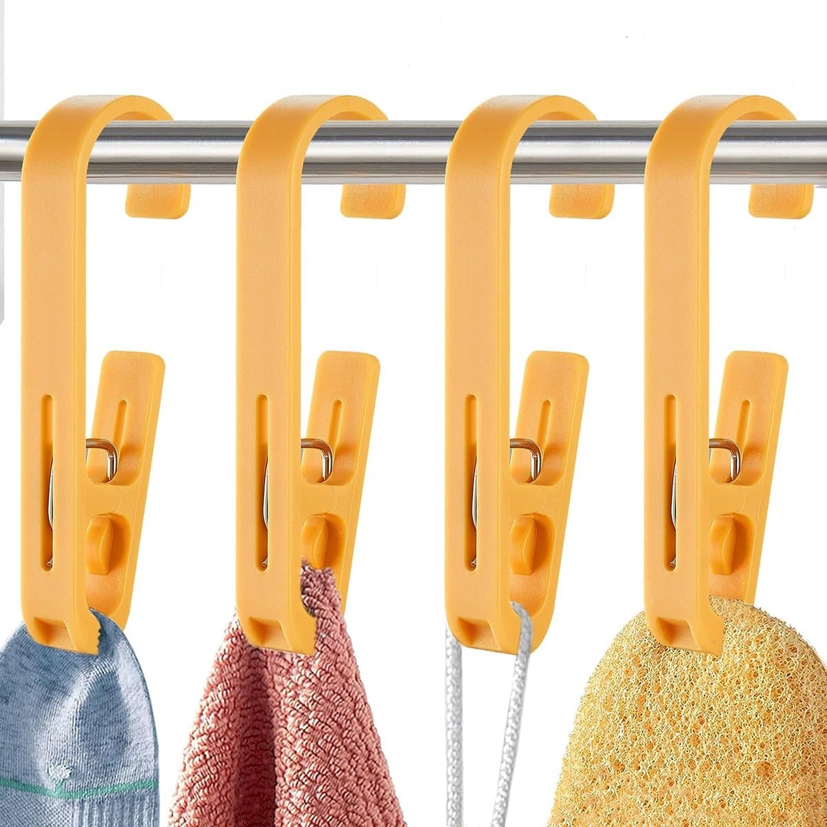 4 stuks washaken met klemmen, kleerhangers voor sokken, laarzen, beha's, handdoeken, sterke kunststof kledingstiften voor badkamer, kledingkast, keuken, kantoor, geel — afbeelding 1