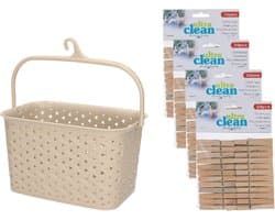 Wasknijpersmandje met ophanghaak - beige - en 96x houten wasknijpers 7 cm - was ophangen — afbeelding 1