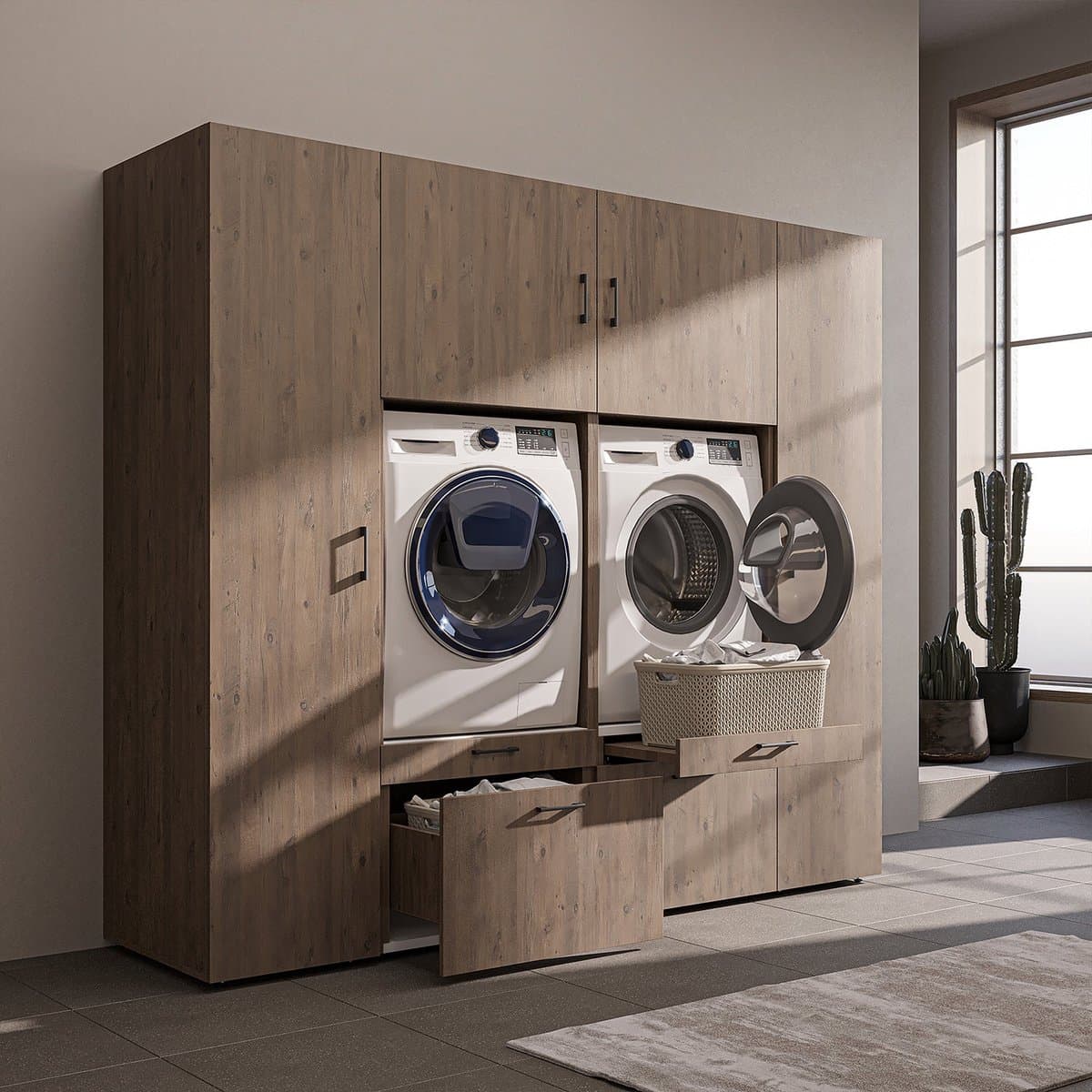 Roomart SERIE 2 Wasmachine Ombouwkast 224x205 cm - Kastenwand met 2 Hoge Kasten - Eiken — afbeelding 1