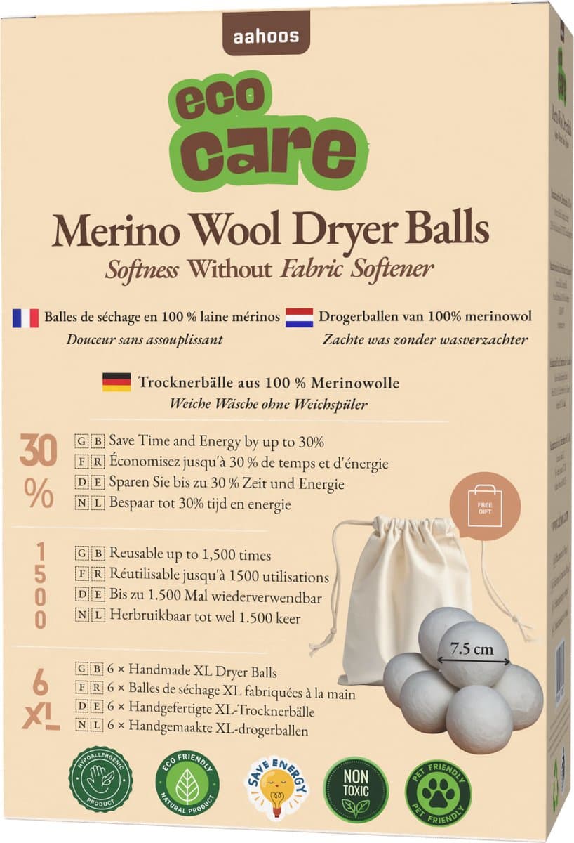 AAHOOS ECOCARE - XL Drogerballen 6 Stuks - 100% Merinowol - Handgemaakt - Herbruikbaar — afbeelding 1