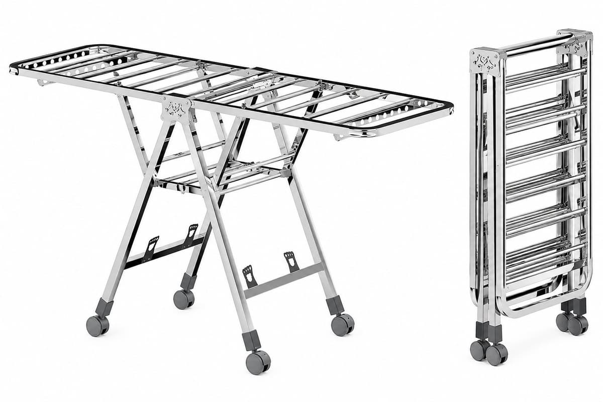 Opvouwbaar Droogrek met Wielen – 150 x 43 cm – Verstelbaar Wasrek 54-107 cm – Verrijdbaar Kledingrek – Inklapbaar Droogrek met Ophanghaken – Zilver — afbeelding 1