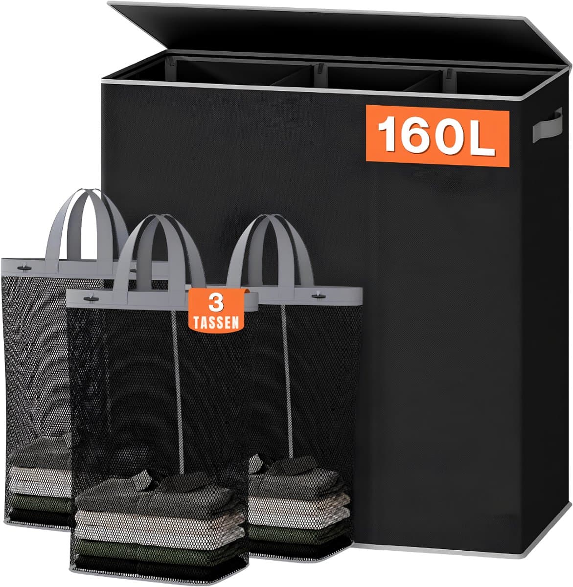 VALI® Wasmand - 3 Vakken met Deksel - Groot XXXL - Zwart - 64cm x 36cm x 70cm — afbeelding 1