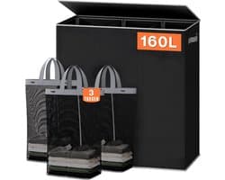 VALI® Wasmand - 3 Vakken met Deksel - Groot XXXL - Zwart - 64cm x 36cm x 70cm