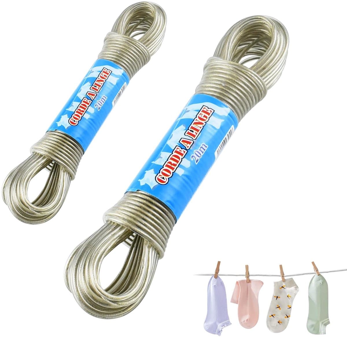 Dailygoods- Waslijn Uittrekbaar - Waslijn met Stalen Kern - 2 mm/3 mm Dikte - 20 m Lengte - Geschikt voor Buiten - Hoge Treksterkte - Drooglijn — afbeelding 1