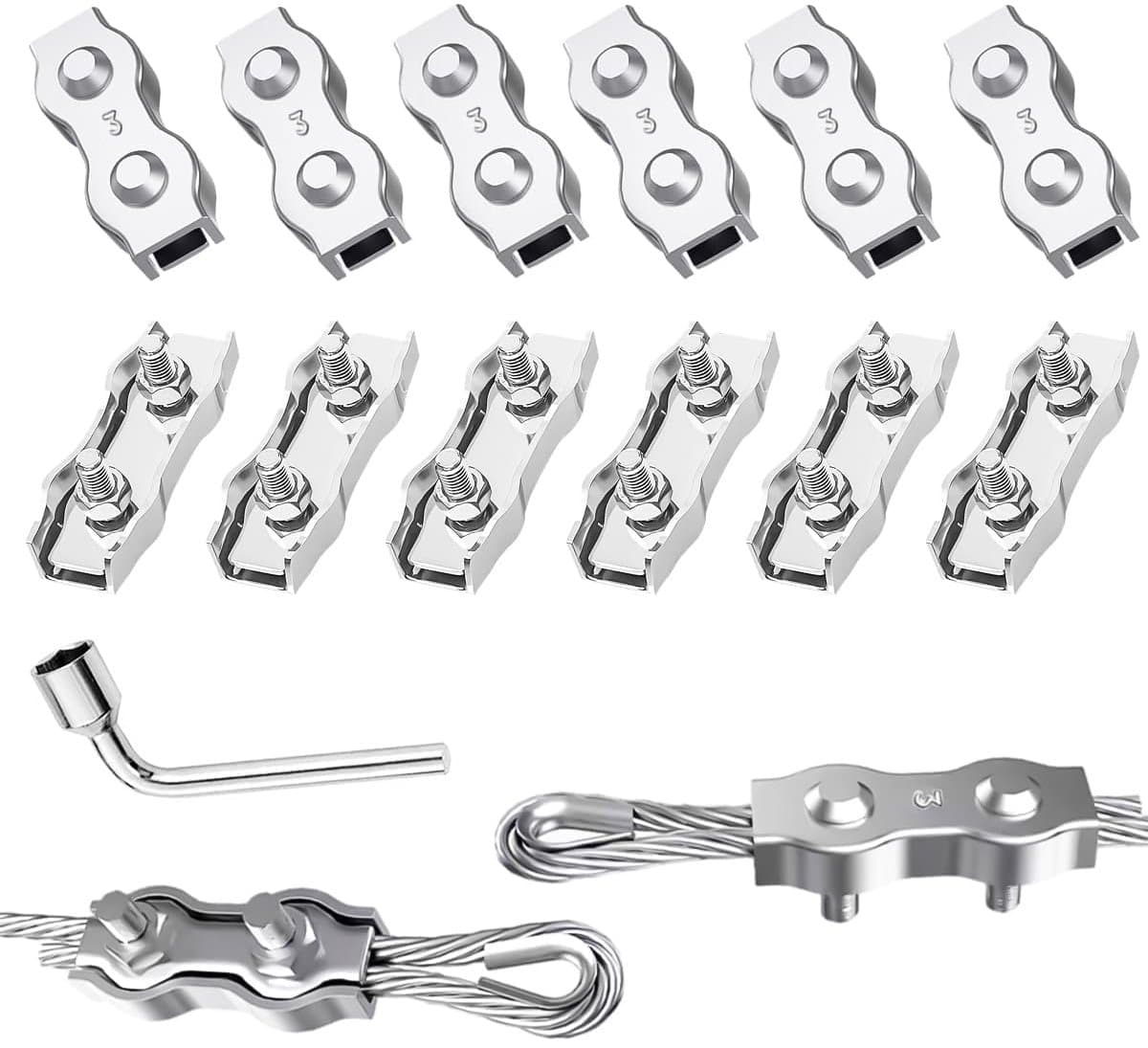 SnelShoppen - Duplex Kabelconnector M3 Draad Kabel Clips 12 Stuks 304 RVS 3 mm voor Draad Rope, Waslijn, Luifel, Vaste Bevestiging — afbeelding 1