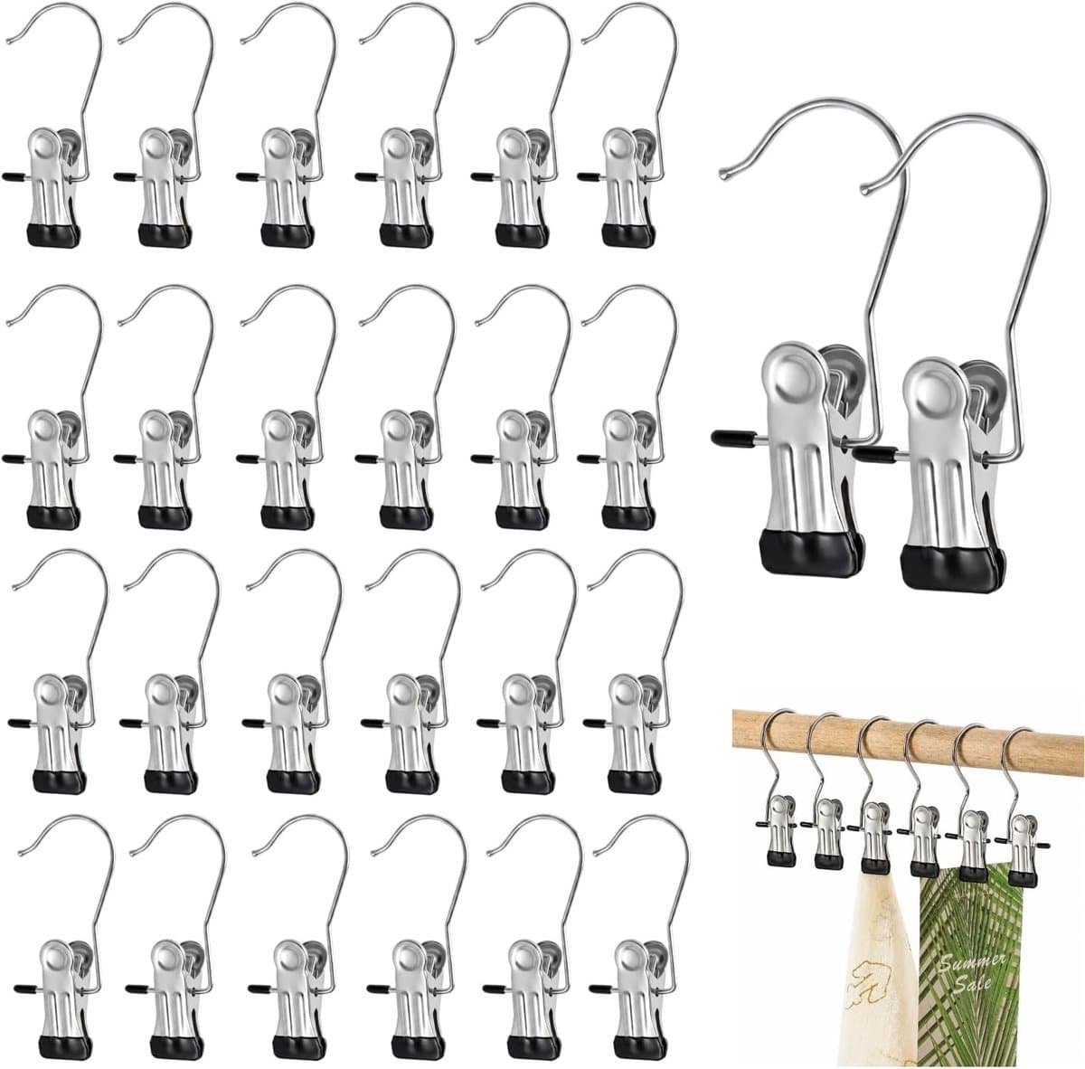 Metalen knijpers set van 32 stuks, 360° draaibare laarsklemmen, roestvrij staal, antislip kleerhangerclips voor kleding en wasgoed, zwart en duurzaam — afbeelding 1