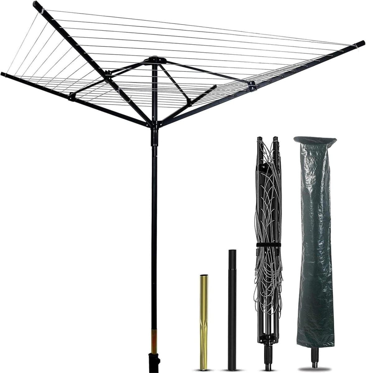 Droogmolen buiten - Wasrek tuin - Kleding drogen - Draaibare paraplu structuur - 50 meter lijn - Zwart — afbeelding 1