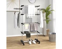 MEUNIQ Droogtoren 142 x 55 x 172 cm met 5 niveaus, inklapbaar wasrek met verstelbare zijstang, 6 wielen en draagvermogen 30 kg voor binnen, zwart en zilver