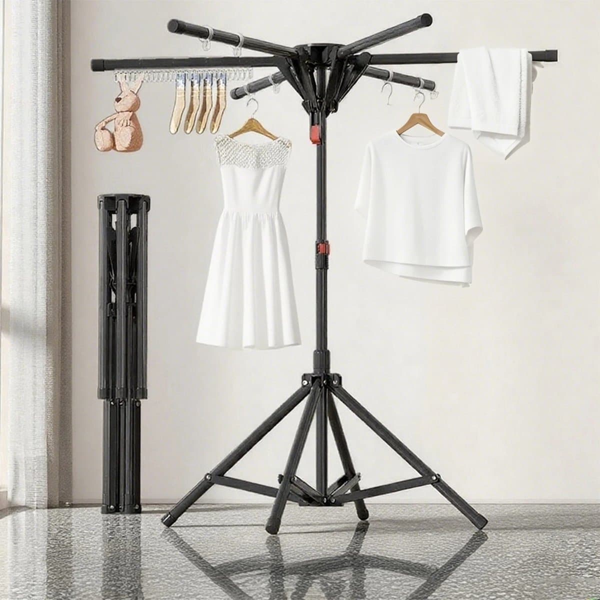 Dailygoods Wasrek van koolstofstaal, opvouwbaar, staand, draagbaar, met 6 uittrekbare stangen, hoogte- en breedteverstel — afbeelding 1
