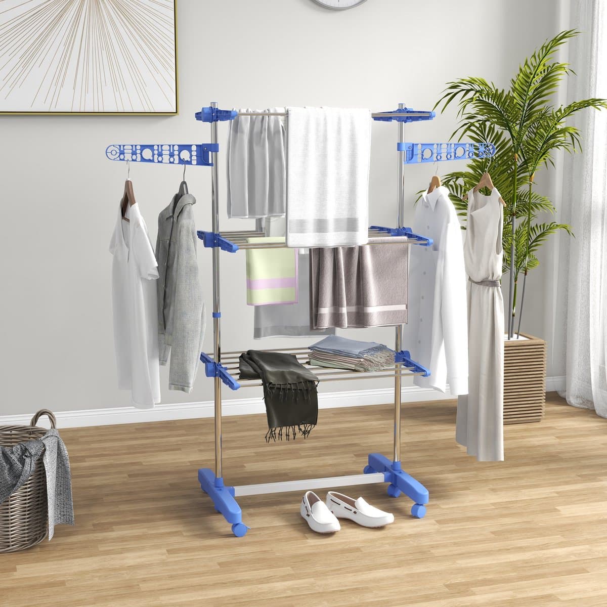 MEUNIQ Droogtoren met 3 niveaus, 6 wielen en verstelbare zijarmen, inklapbaar droogrek voor binnen, staal, 55 x 142 x 152 cm, blauw — afbeelding 1