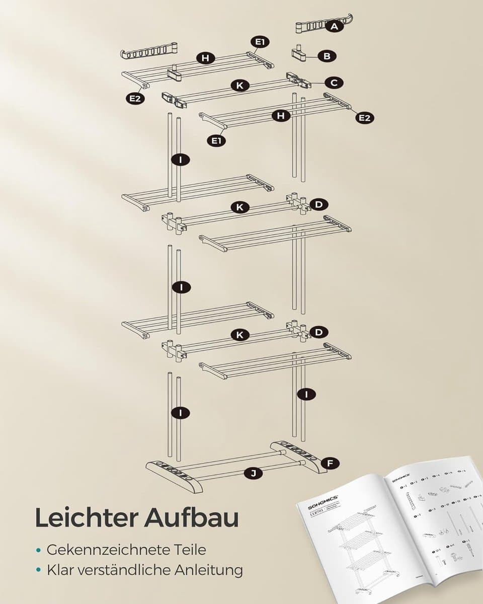 FurnStar - Drying Rack - Standing Drying Rack - 4 levels - Wing Washing Rack - Folding Wings - With Wheels - 64 x 126 x 172 CM — afbeelding 1